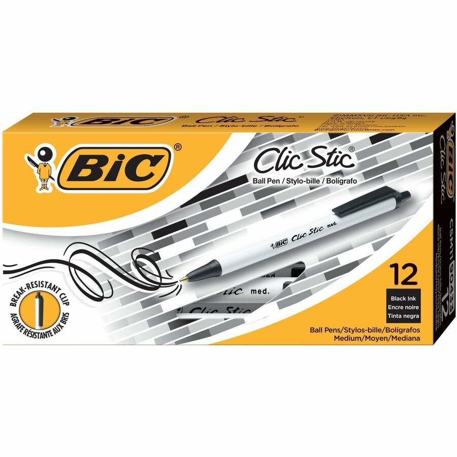 BIC Clic Stic Retractable Ballpoint Pens - Retractable - Black Ink - White Barrel - 12 / Dozen