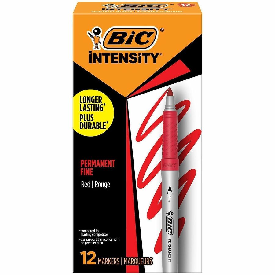 BIC Intensity Permanent Markers - Red Ink - Silver Barrel - 12 / Dozen