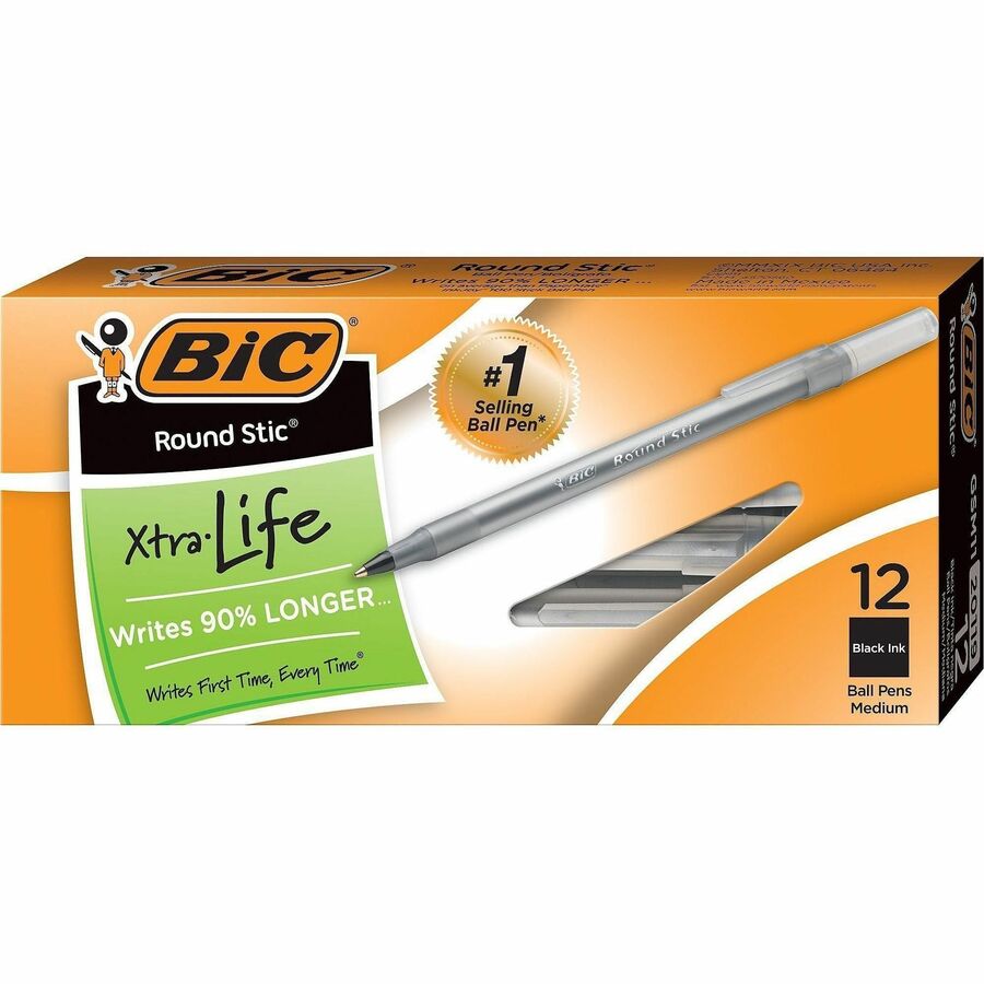 BIC Round Stic Ballpoint Pens - Black Ink - Black Barrel - 12 / Dozen