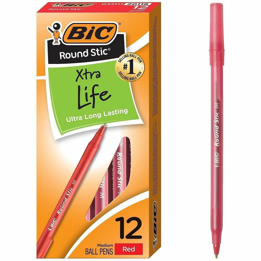BIC Round Stic Ballpoint Pens - Red Ink - Red Barrel - 12 / Dozen
