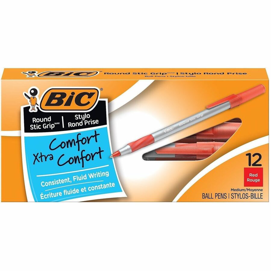 BIC Round Stic Grip Ballpoint Pen - Red Ink - Frost Barrel - 12 / Dozen