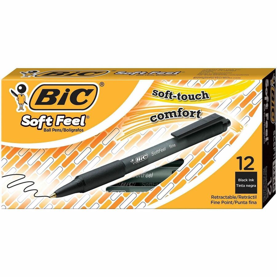 BIC SoftFeel Retractable Ball Pens - Retractable - Black Ink - Black Rubber Barrel - 12 / Dozen