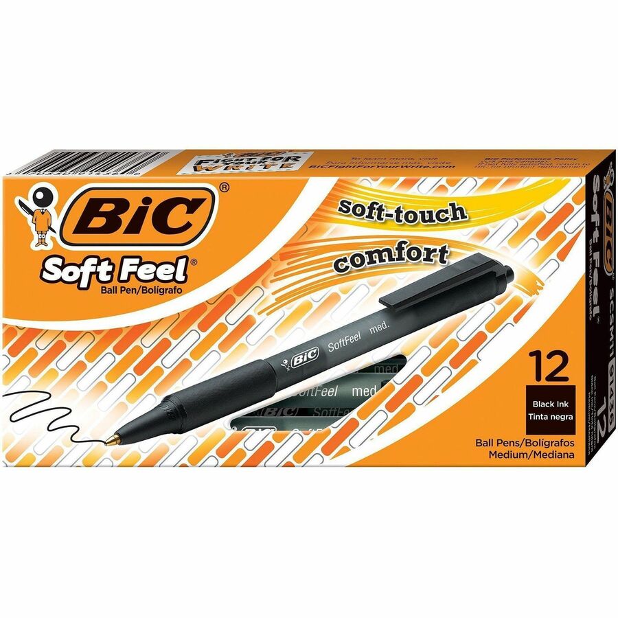 BIC SoftFeel Retractable Ball Pens - Retractable - Black Ink - Black Rubber Barrel - 12 / Dozen
