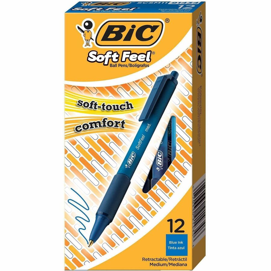 BIC SoftFeel Retractable Ball Pens - Retractable - Blue Ink - Blue Rubber Barrel - 12 / Dozen