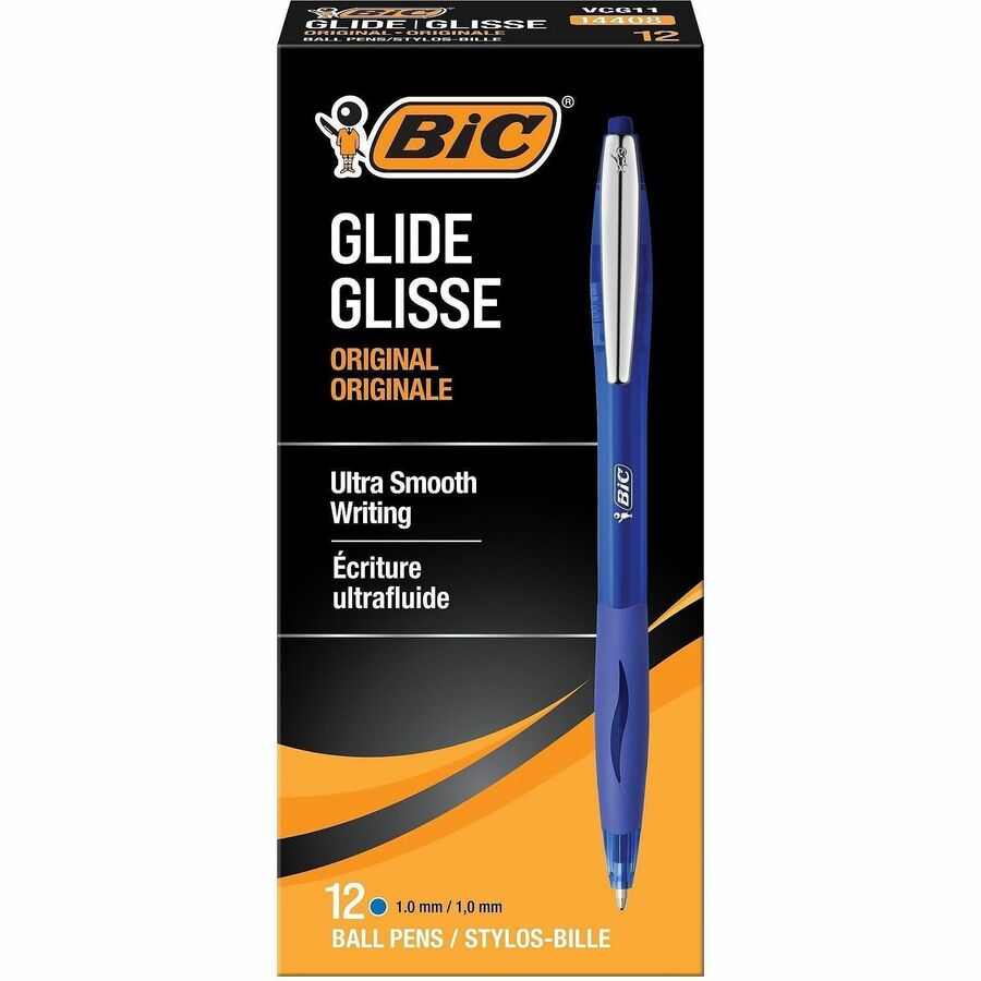 BIC Glide Retractable Pens - Retractable - Blue Ink - Clear Barrel - 12 / Dozen
