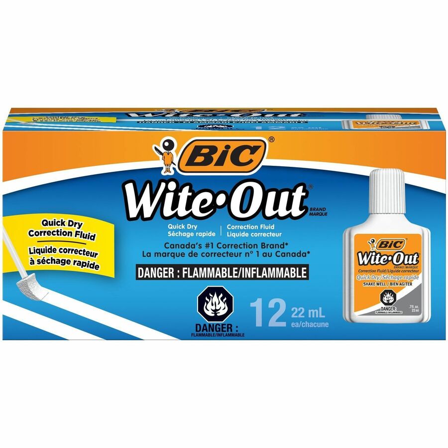 BIC Quick Dry Correction Fluid, White - Foam Brush Applicator - 20 mL - White - 12 / Dozen
