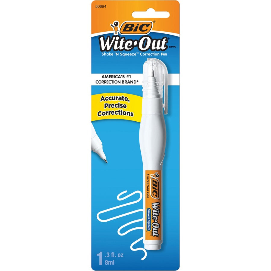 BIC Shake 'n Squeeze Correction Pen, White - Tip Applicator - 8 mL - White - Fast-drying, Pocket Clip - 1 Pack