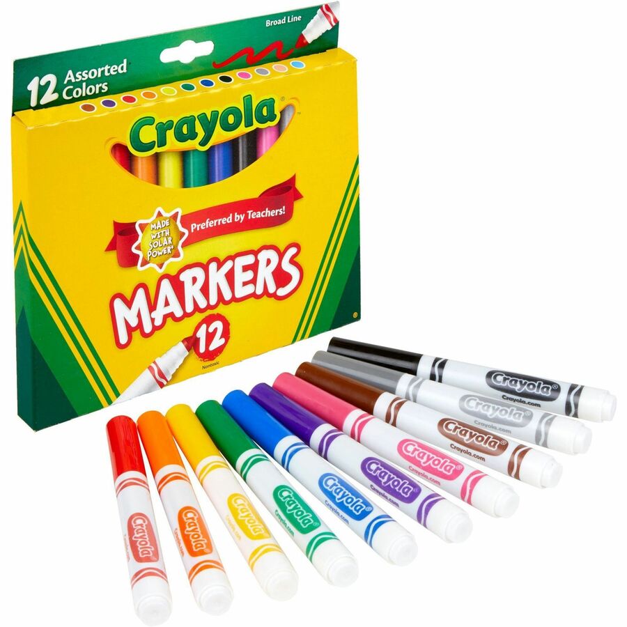 Crayola Broad Tip Classic Markers - Assorted, Orange, Yellow, Green, Blue, Violet, Brown, Black, Gray, Flamingo Pink, Blue Ink - Water Based - 12 / Set