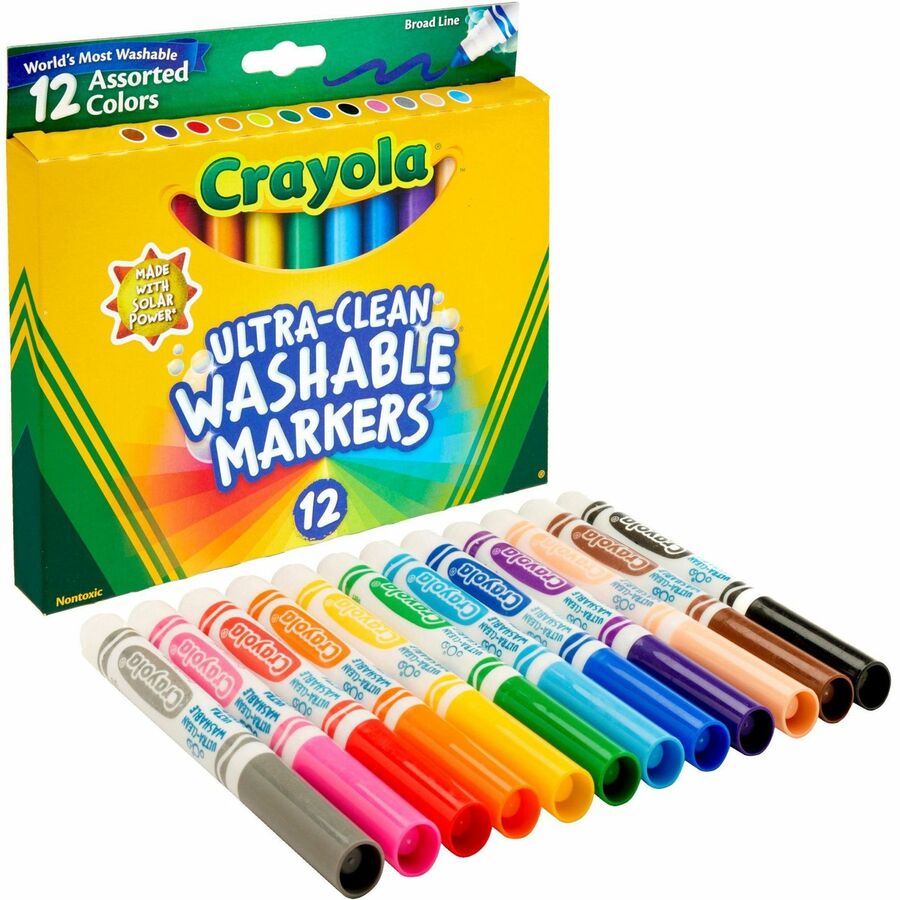 Crayola Classic Washable Markers - Washable - Assorted, Orange, Yellow, Green, Blue, Violet, Brown, Black, Gray, Flamingo Pink, Blue, ... Ink - Water Based - 12 / Set