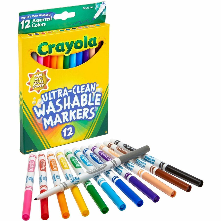 Crayola Thinline Washable Markers - Washable - Black, Blue, Blue Lagoon, Brown, Gray, Green, Orange, Pink, Red, Sandy Tan, Violet, ... Ink - Water Based - 12 / Set
