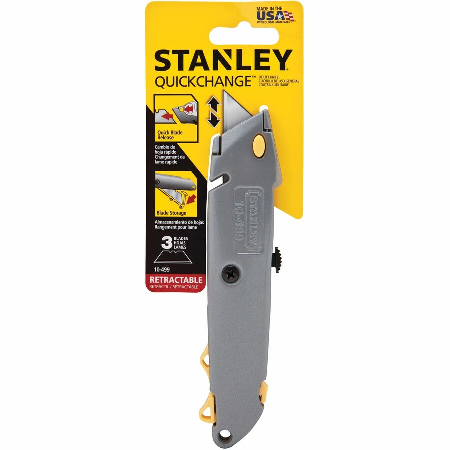 Stanley Quick-Change Utility Knife - 3 Blade - 6" Cutting Length - 0.8" Height x 3" Width x 8.5" Length - Heavy Duty, Retractable - Black, Silver - 1 Each
