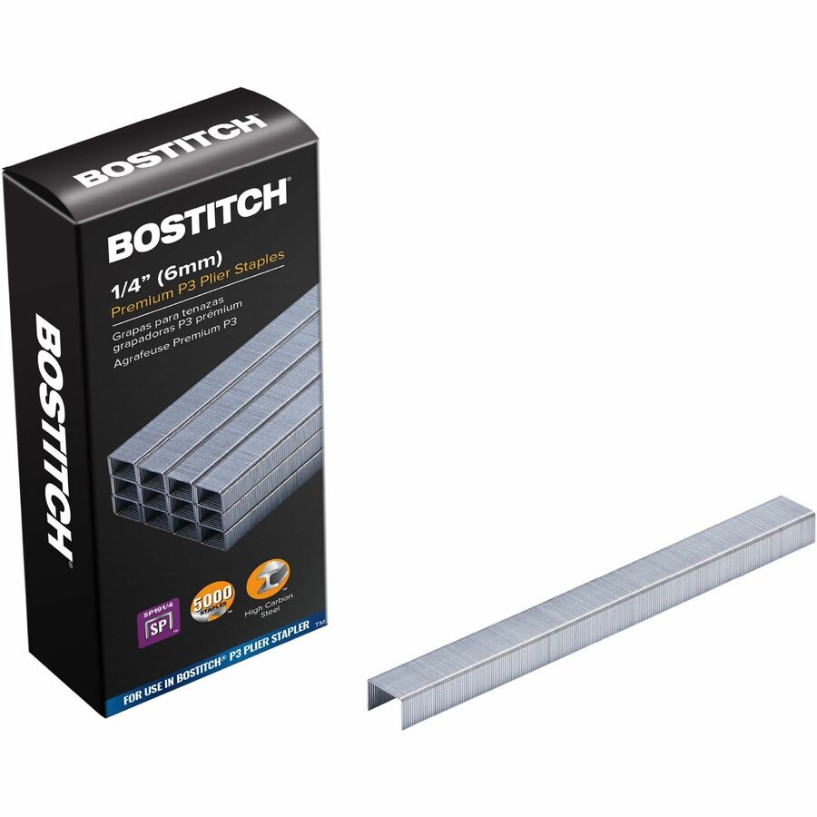 Bostitch PowerCrown P3 Plier Stapler Specialty Staples - 1/4" Leg - 5/16" Crown - Chisel Point - Silver - High Carbon Steel - 1.1" Height x 1.7" Width x 4.2" Length - 210 Per Strip - 5000 / Box