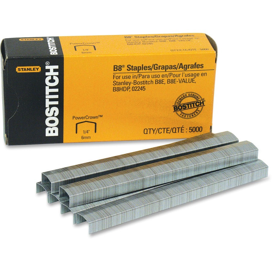 Bostitch PowerCrown Premium Staples - 1/4" Leg - 1/2" Crown - Chisel Point - Silver - High Carbon Steel - 2" Height x 1.5" Width x 4.4" Length - 210 Per Strip - 1 Box
