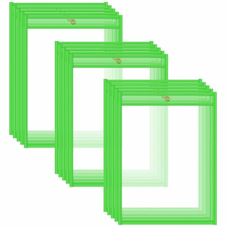 C-Line Neon Colored Stitched Shop Ticket Holders - Support 9" x 12" Media - Vinyl - Clear, Neon Green - Sturdy - 15 / Box