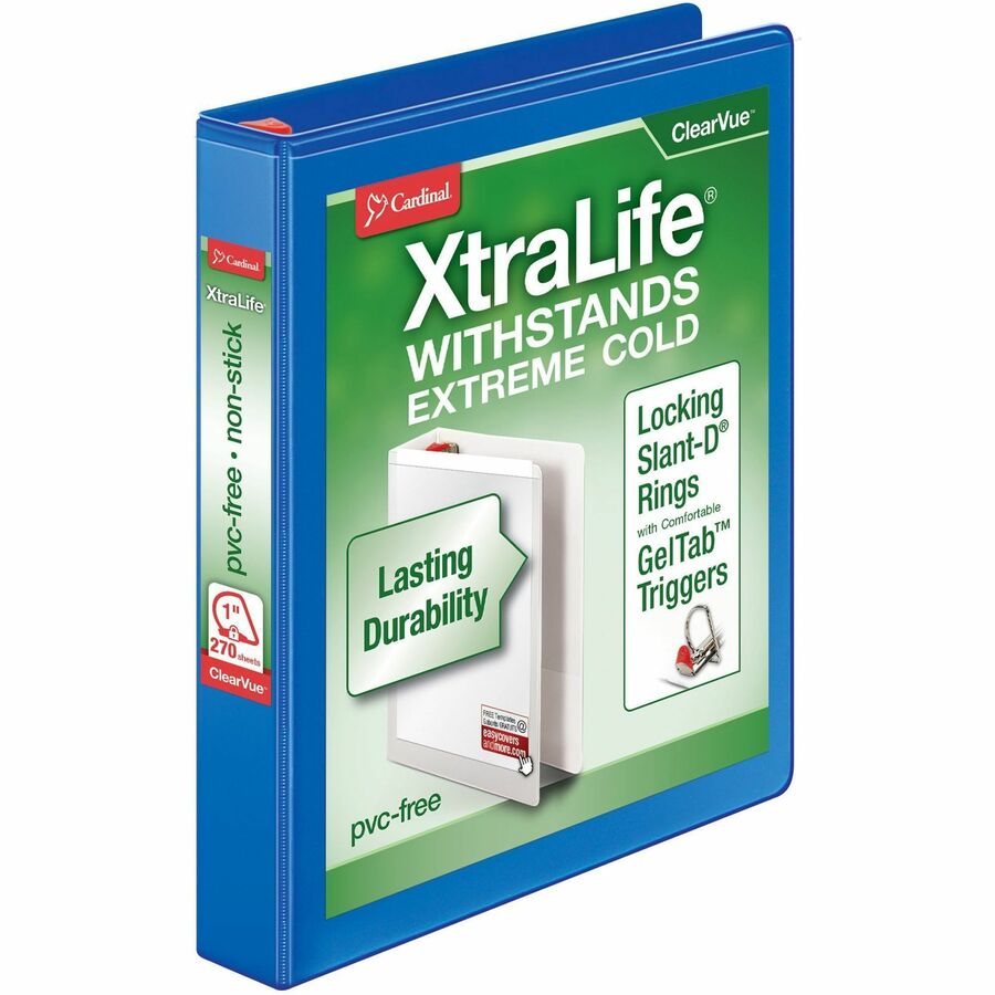 Cardinal&reg, Xtralife ClearVue Locking Slant-D Binder - 1" Binder Capacity - Letter - 8 1/2" x 11" Sheet Size - 270 Sheet Capacity - 1" Spine Width - 3 Ring - Fastener: D-Ring - Pocket: 2, Inside Front & Back - Polyolefin - Blue - 14.40 oz - Non-stick...