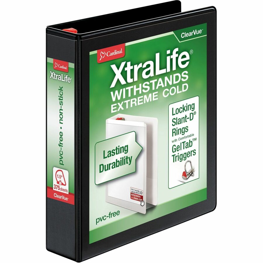 Cardinal&reg, Xtralife ClearVue Locking Slant-D Binder - 1 1/2" Binder Capacity - Letter - 8 1/2" x 11" Sheet Size - 375 Sheet Capacity - 1 3/5" Spine Width - 3 Ring - Fastener: D-Ring - Pocket: 2, Inside Front & Back - Polyolefin - Black - 1.05 lb - N...