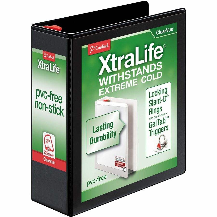 Cardinal&reg, Xtralife ClearVue Locking Slant-D Binder - 3" Binder Capacity - Letter - 8 1/2" x 11" Sheet Size - 725 Sheet Capacity - 2 29/32" Spine Width - 3 Ring - Fastener: D-Ring - Pocket: 2, Inside Front & Back - Polyolefin - Black - 1.60 lb - Non...