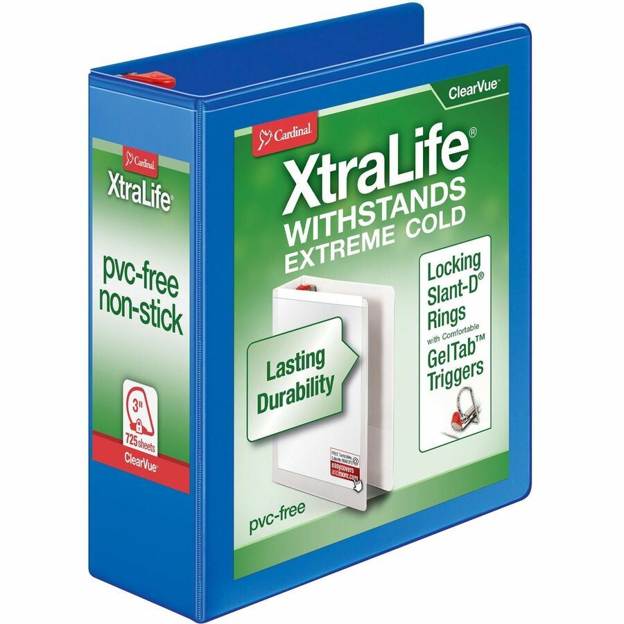 Cardinal&reg, Xtralife ClearVue Locking Slant-D Binder - 3" Binder Capacity - Letter - 8 1/2" x 11" Sheet Size - 725 Sheet Capacity - 2 29/32" Spine Width - 3 Ring - Fastener: D-Ring - Pocket: 2, Inside Front & Back - Polyolefin - Blue - 1.60 lb - Non...