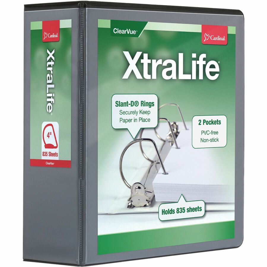 Cardinal&reg, Xtralife ClearVue Locking Slant-D Binder - 4" Binder Capacity - Letter - 8 1/2" x 11" Sheet Size - 890 Sheet Capacity - 3 3/5" Spine Width - 3 Ring - Fastener: D-Ring - Pocket: 2, Inside Front & Back - Polyolefin - Black - 1.80 lb - Non-s...