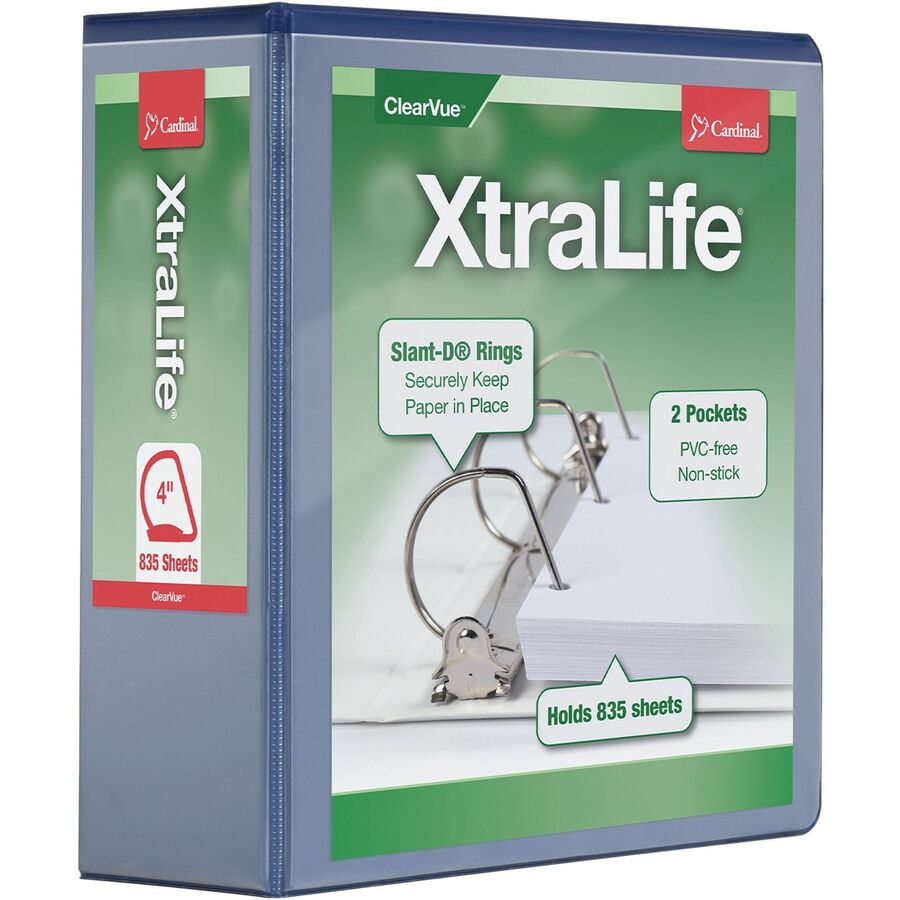 Cardinal&reg, Xtralife ClearVue Locking Slant-D Binder - 4" Binder Capacity - Letter - 8 1/2" x 11" Sheet Size - 890 Sheet Capacity - 3 3/5" Spine Width - 3 Ring - Fastener: D-Ring - Pocket: 2, Inside Front & Back - Polyolefin - Blue - 1.80 lb - Non-st...