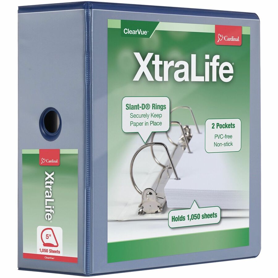 Cardinal&reg, Xtralife ClearVue Locking Slant-D Binder - 5" Binder Capacity - Letter - 8 1/2" x 11" Sheet Size - 1100 Sheet Capacity - 4 3/8" Spine Width - 3 Ring - Fastener: D-Ring - Pocket: 2, Inside Front & Back - Polyolefin - Blue - 2.25 lb - Non-s...