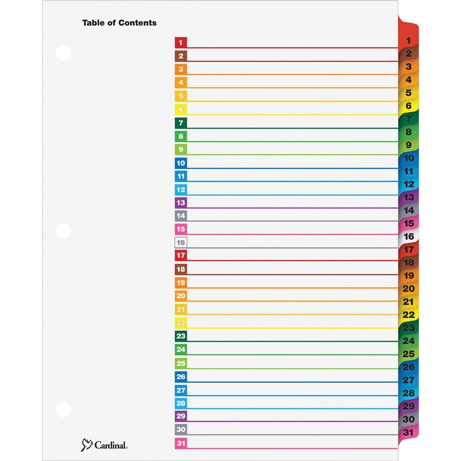 Cardinal&reg, OneStep Daily Index System - 31 x Divider(s) - Printed Tab(s) - Digit - 1-31 - 31 Tab(s)/Set - 9" Divider Width x 11" Divider Length - Letter - 8.50" Width x 11" Length - 3 Hole Punched - White Divider - Multicolor Mylar Tab(s) - Reinforc...