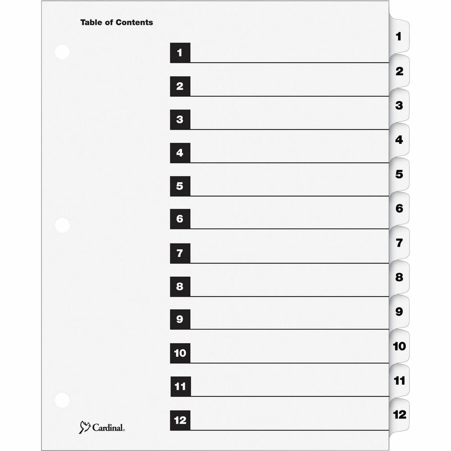 Cardinal&reg, OneStep Numbered Index System - 12 x Divider(s) - Printed Tab(s) - Digit - 1-12 - 12 Tab(s)/Set - 9" Divider Width x 11" Divider Length - Letter - 8.50" Width x 11" Length - 3 Hole Punched - White Divider - White Mylar Tab(s) - Reinforced...