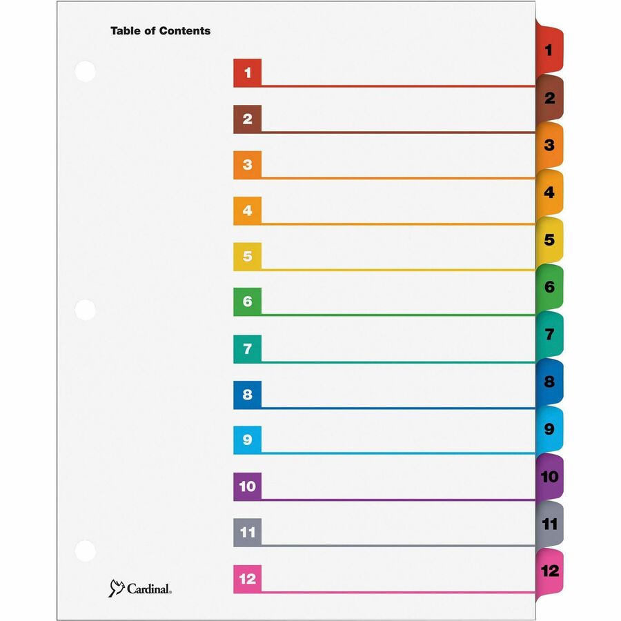 Cardinal&reg, OneStep Index System - 12 x Divider(s) - Printed Tab(s) - Digit - 1-12 - 12 Tab(s)/Set - 9" Divider Width x 11" Divider Length - Letter - 8.50" Width x 11" Length - 3 Hole Punched - White Paper Divider - Multicolor Mylar Tab(s) - Reinforc...