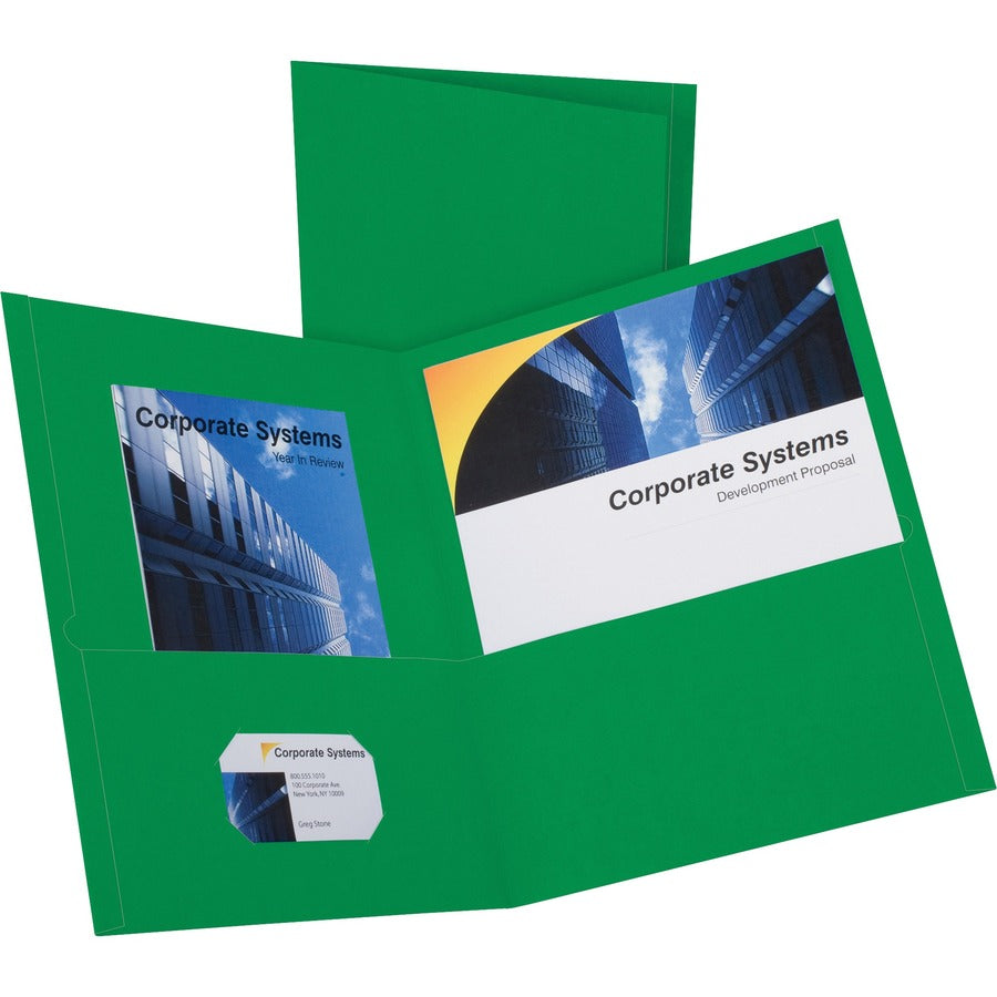 Oxford Letter Recycled Pocket Folder - 8 1/2" x 11" - 2 Internal Pocket - Leatherette - Hunter Green - Turned Edge - 10% Recycled - 25 / Box