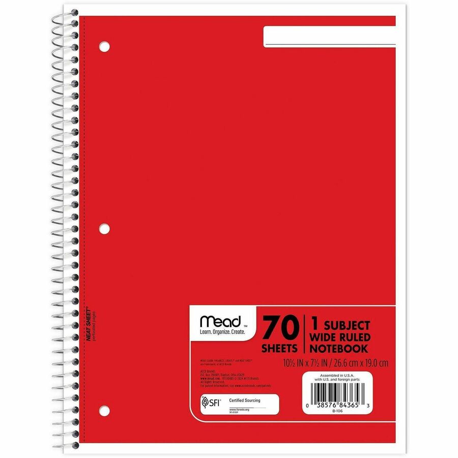 Mead Wide Ruled 1-Subject Notebook - 70 Sheets - Spiral - Wide Ruled Front Ruling - 8" x 10 1/2" Sheet Size - White Paper - Assorted Cover - Hole-punched, Micro Perforated - 1 Each