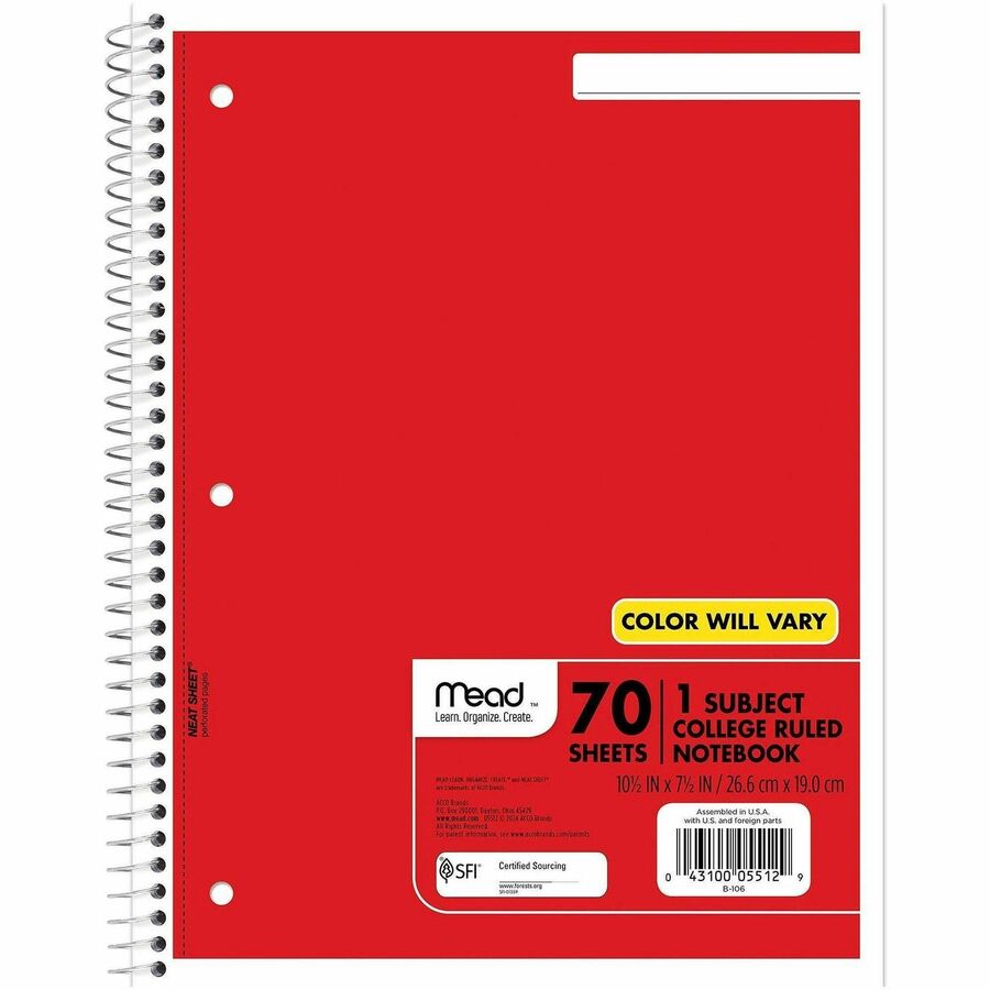Mead One-subject Spiral Notebook - 70 Sheets - Spiral - College Ruled Front Ruling - 8" x 10 1/2" Sheet Size - White Paper - Assorted Board Cover - Heavyweight, Punched - 1 Each