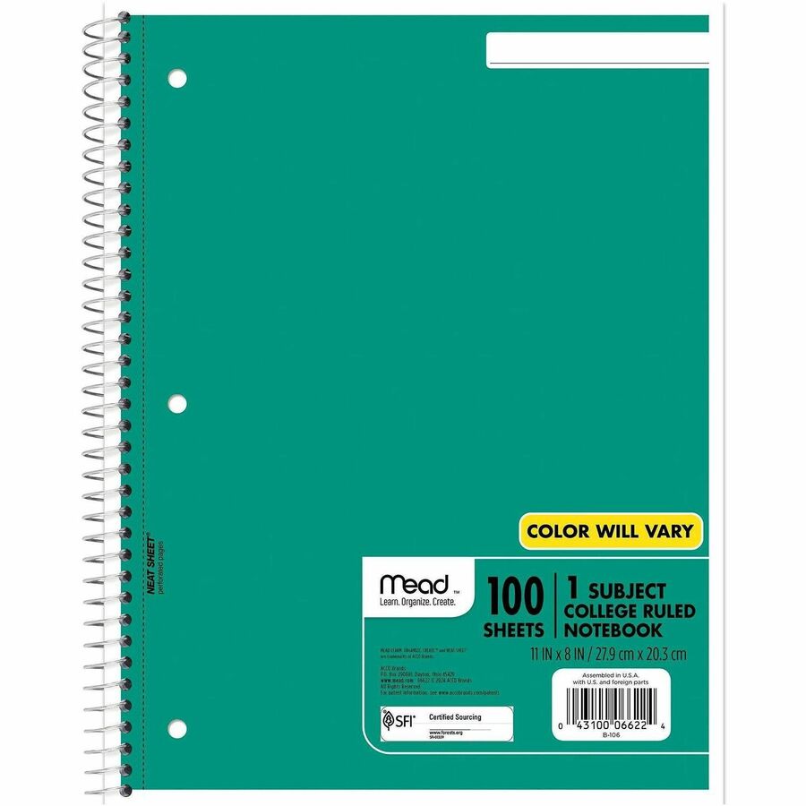 Mead One-subject Spiral Notebook - 100 Sheets - Spiral - College Ruled Front Ruling - 8" x 10 1/2" Sheet Size x 8" Width x 10.5" Length - White Paper - Back Board - 1 Each