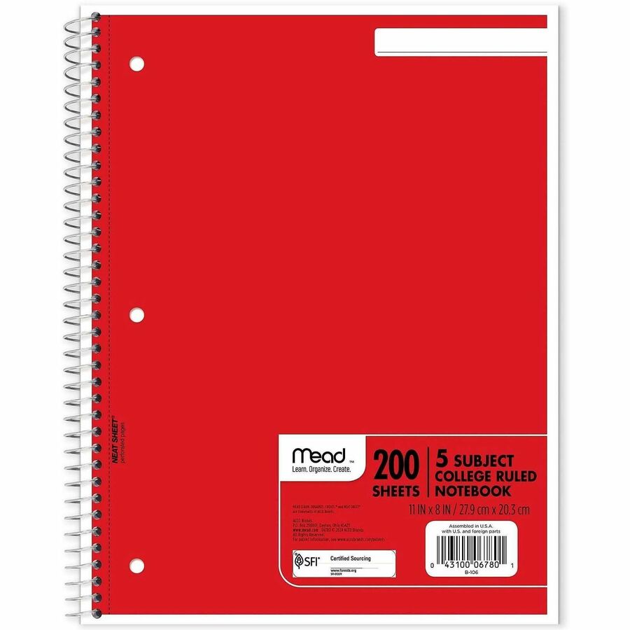 Mead 5-Subject Wire-bound Notebook - Letter-size - 200 Sheets - Spiral - College Ruled Front Ruling - Letter - 8 1/2" x 11" Sheet Size - White Paper - Assorted Cover - Back Board, Heavyweight - 1 Each