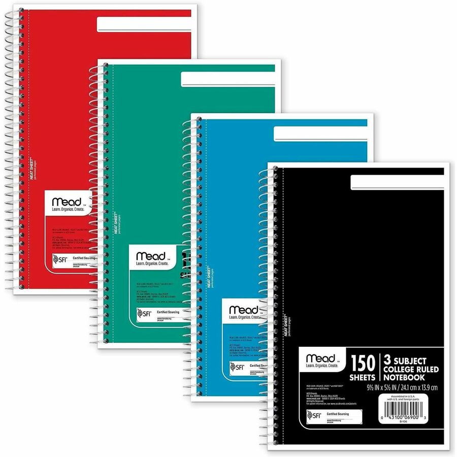 Mead 3-Subject Wirebound College Rule Notebook - 150 Sheets - Spiral - College Ruled Front Ruling - 5 1/2" x 9" Sheet Size - Assorted Paper - Heavyweight Cover - Back Board - 1 Each