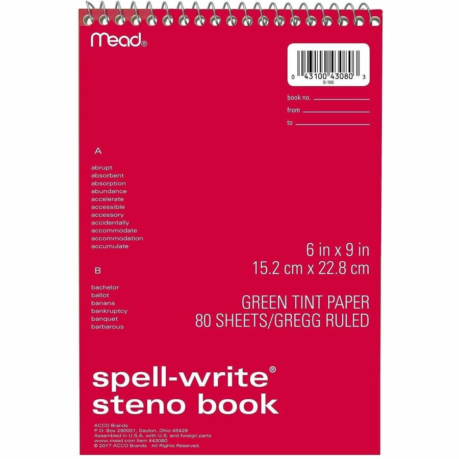 Mead Spell-Write Steno Book - 80 Sheets - Wire Bound - 6" x 9" Sheet Size - Green Paper - Cardboard Cover - 1 Each