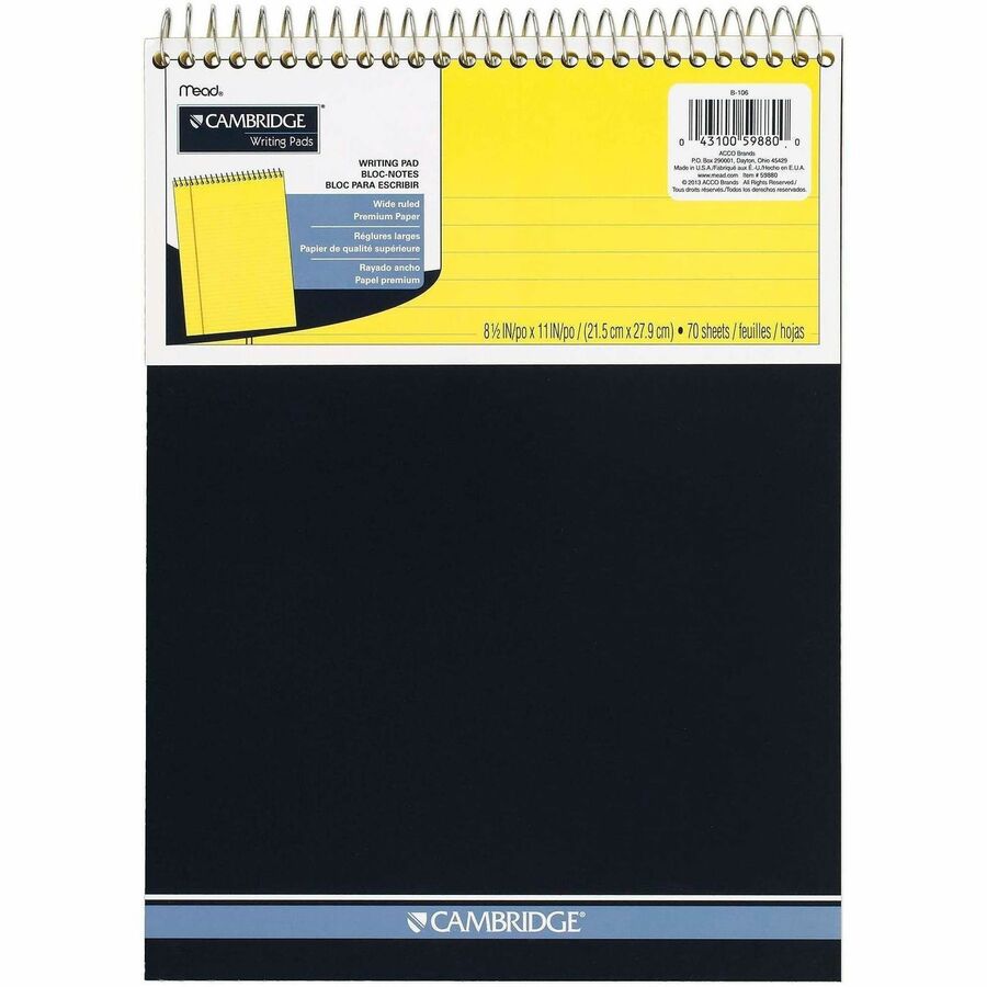 Mead Premium Wirebound Legal Pads - 70 Sheets - Spiral - 20 lb Basis Weight - 8 1/2" x 11 3/4" Sheet Size - Canary Paper - Navy Board Cover - Heavyweight, Micro Perforated, Spiral Lock, Stiff-back - 1 Each