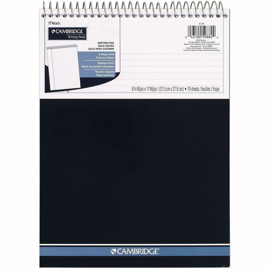 Mead Premium Wirebound College Ruled Legal Pads - 70 Sheets - Spiral - 20 lb Basis Weight - 8 1/2" x 11 3/4" Sheet Size - White Paper - Micro Perforated, Heavyweight, Stiff-back, Spiral Lock - 1 Each