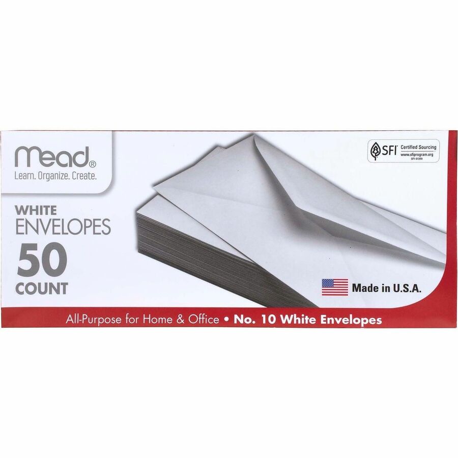 Mead Plain White Envelopes - Business - #10 - 4 1/8" Width x 9 1/2" Length - Gummed - White - 50 / Box