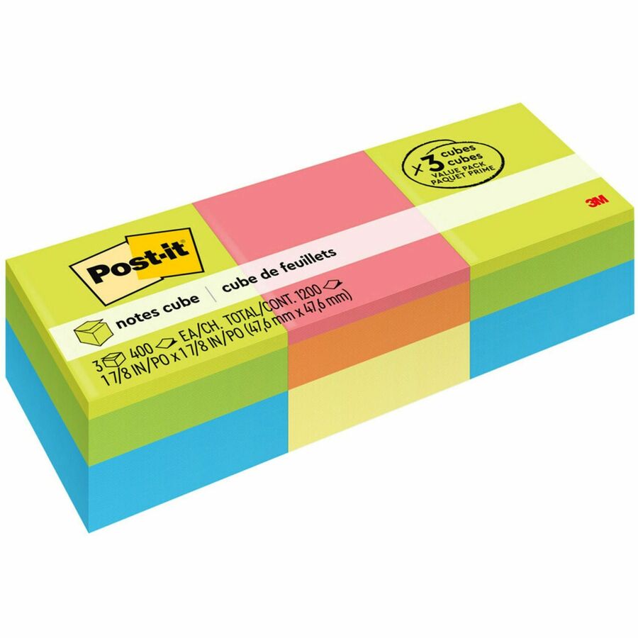 Post-it&reg, Notes Cube - 1200 - 2" Flag/Note Width x 2" Flag/Note Length - Square - 400 Sheets per Pad - Unruled - Acid Lime, Limeade, Blue Paradise, Guava, Vital Orange, Canary Yellow - Paper - Repositionable, Self-adhesive - 1 Pack