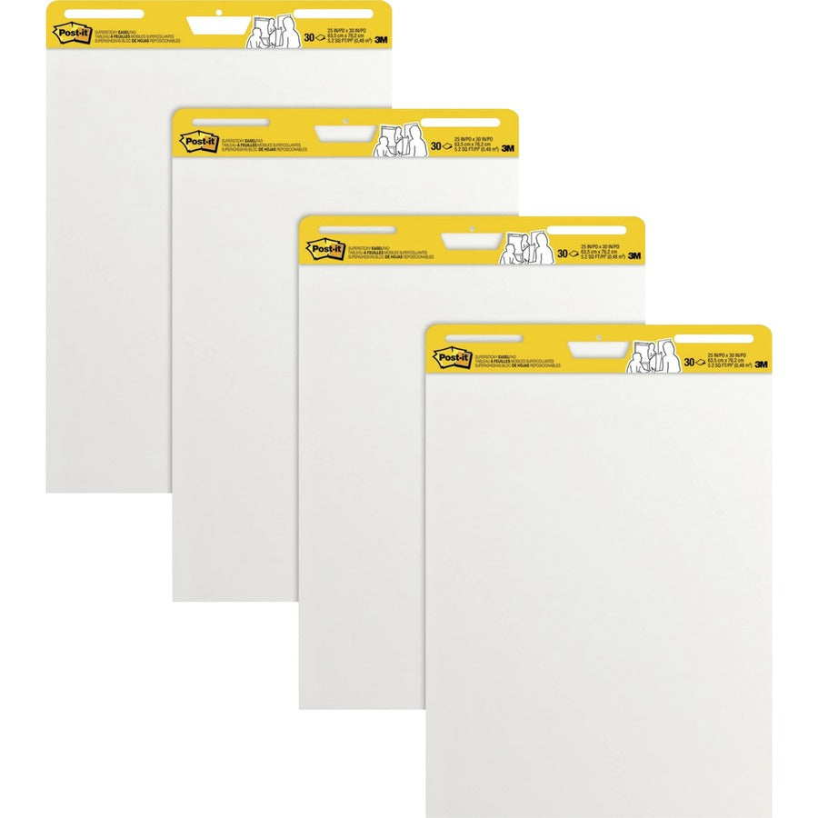 Post-it&reg, Super Sticky Easel Pad - 30 Sheets - Plain - Stapled - 18.50 lb Basis Weight - 25" x 30" Sheet Size - White Paper - Cardboard Cover - Self-adhesive, Repositionable, Resist Bleed-through, Removable, Sturdy Back - 4 / Carton