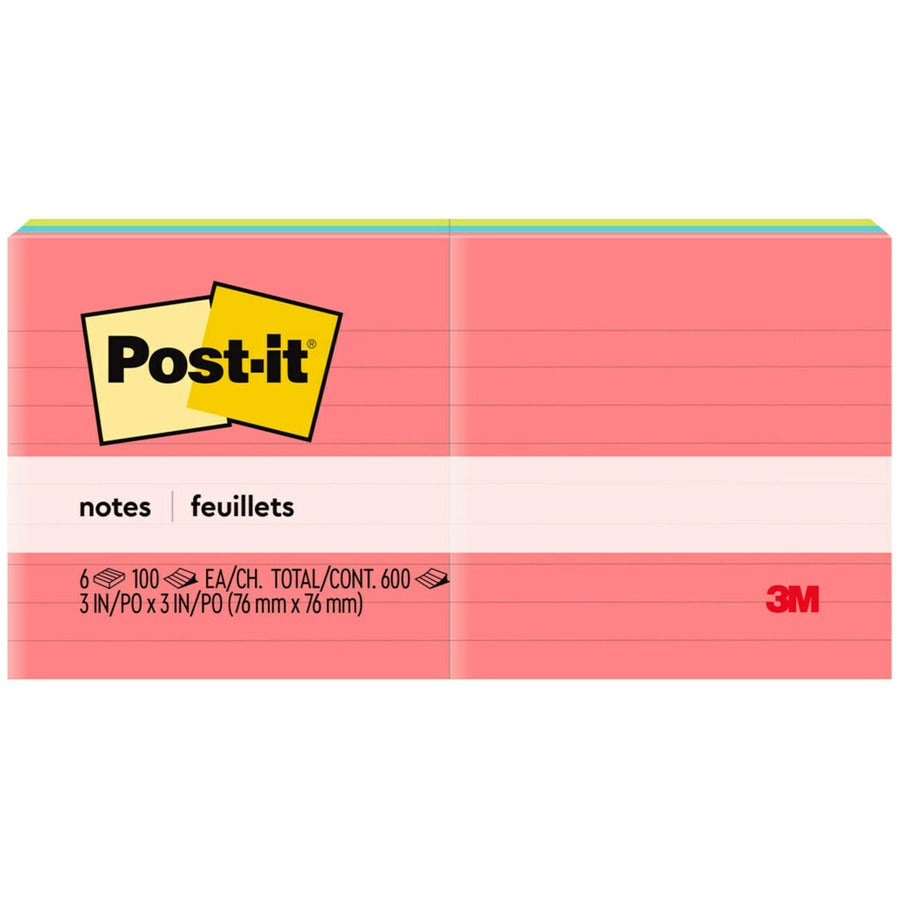 Post-it&reg, Lined Notes - Poptimistic Color Collection - 600 - 3" Flag/Note Width x 3" Flag/Note Length - Square - 100 Sheets per Pad - Ruled - Pink, Blue, Green - Paper - Self-adhesive, Repositionable - 6 / Pack