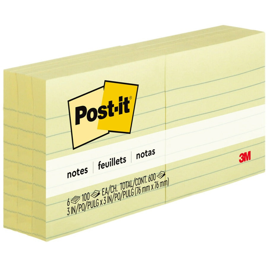 Post-it&reg, Lined Notes - 600 x Canary Yellow - 3" Flag/Note Width x 3" Flag/Note Length - Square - 100 Sheets per Pad - Ruled - Yellow - Paper - Self-adhesive, Repositionable, Removable - 6 / Pack