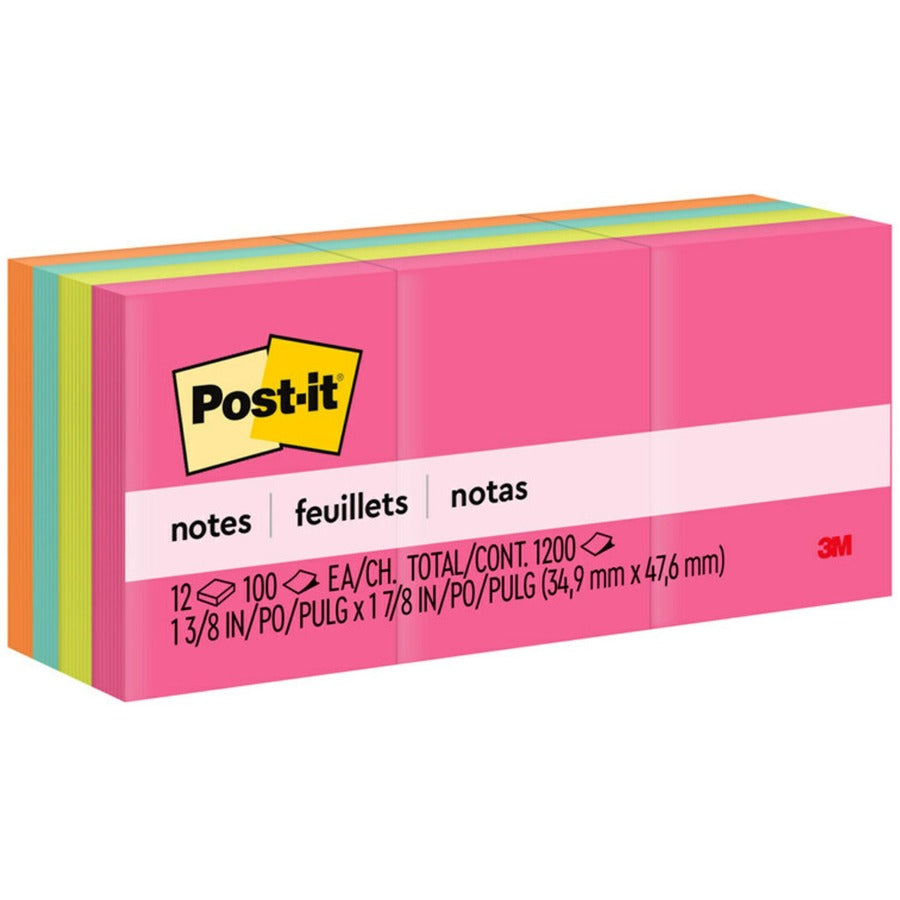 Post-it&reg, Notes Original Notepads - Poptimistic Color Collection - 1200 - 1 1/2" Flag/Note Width x 2" Flag/Note Length - Rectangle - 100 Sheets per Pad - Unruled - Power Pink, Acid Lime, Aqua Splash, Vital Orange - Paper - Self-adhesive, Repositiona...