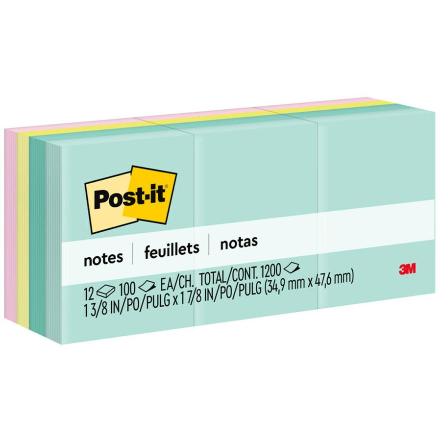 Post-it&reg, Notes - Beachside Caf&eacute, Color Collection - 1200 - 1 3/8" Flag/Note Width x 1 7/8" Flag/Note Length - Rectangle - 100 Sheets per Pad - Unruled - Fresh Mint, Aqua Splash, Sunnyside, Papaya Fizz, Guava - Paper - Self-adhesive, Repositio...