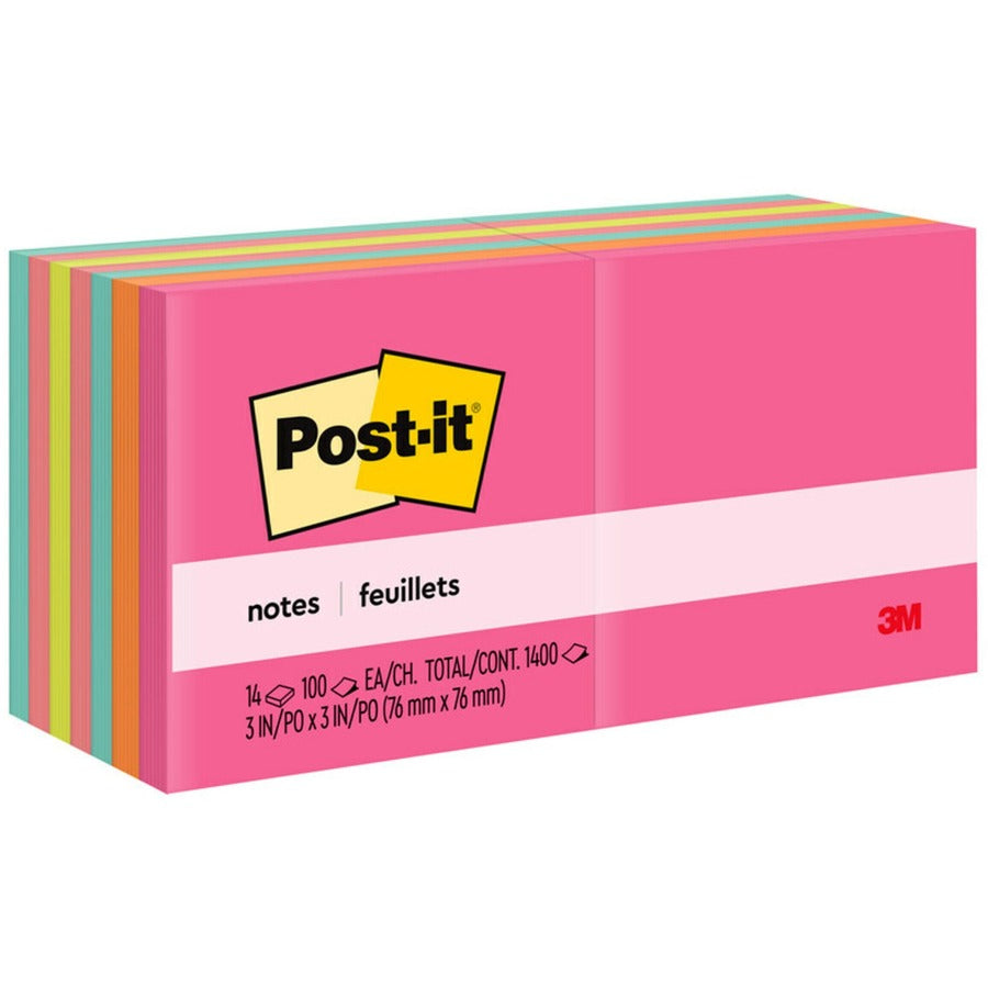 Post-it&reg, Notes - Poptimistic Color Collection - 1400 - 3" Flag/Note Width x 3" Flag/Note Length - Square - 100 Sheets per Pad - Unruled - Power Pink, Vital Orange, Aqua Splash, Guava, Acid Lime, Neon Green - Paper - Self-adhesive, Repositionable...