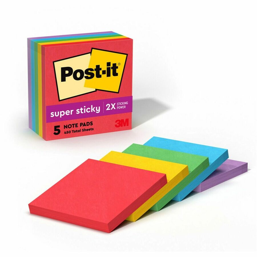 Post-it&reg, Super Sticky Notes - Playful Primaries Color Collection - 450 - 3" Flag/Note Width x 3" Flag/Note Length - Square - 90 Sheets per Pad - Unruled - Candy Apple Red, Sunnyside, Lucky Green, Blue Paradise, Iris Infusion - Paper - Self-adhesive...