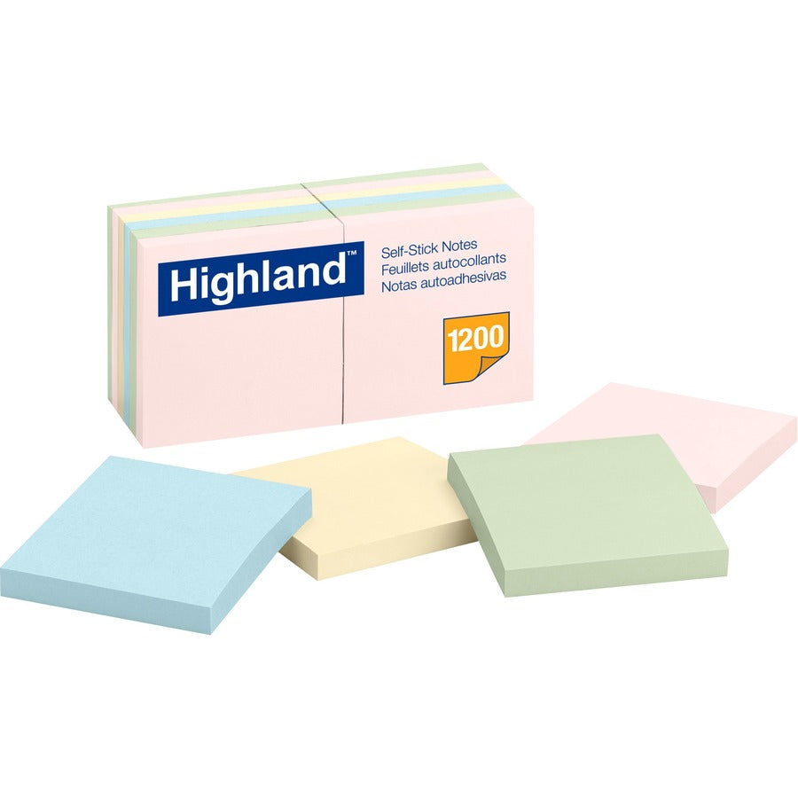 Highland Self-Sticking Notepads - 1200 - 3" Flag/Note Width x 3" Flag/Note Length - Square - 100 Sheets per Pad - Unruled - Assorted Pastel - Paper - Self-adhesive, Repositionable, Removable - 1 Pack