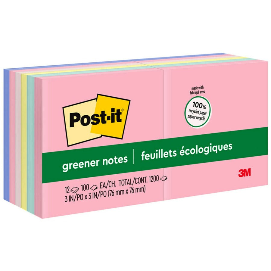 Post-it&reg, Notes Original Notepads - Sweet Sprinkles Color Collection - 1200 - 3" Flag/Note Width x 3" Flag/Note Length - Square - 100 Sheets per Pad - Unruled - Positively Pink, Pink Salt, Canary Yellow, Fresh Mint, Moonstone - Paper - Self-adhesive...