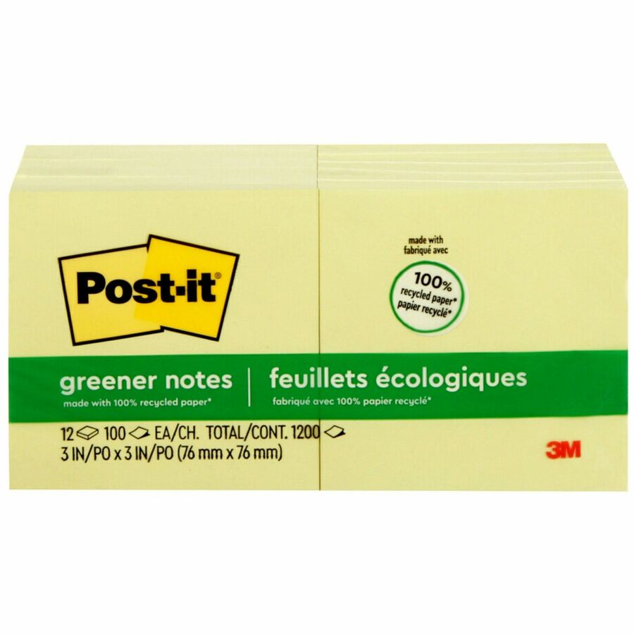 Post-it&reg, Greener Notes - 1200 - 3" Flag/Note Width x 3" Flag/Note Length - Square - 100 Sheets per Pad - Unruled - Canary Yellow - Paper - Self-adhesive, Repositionable - Recycled - 1 Pack