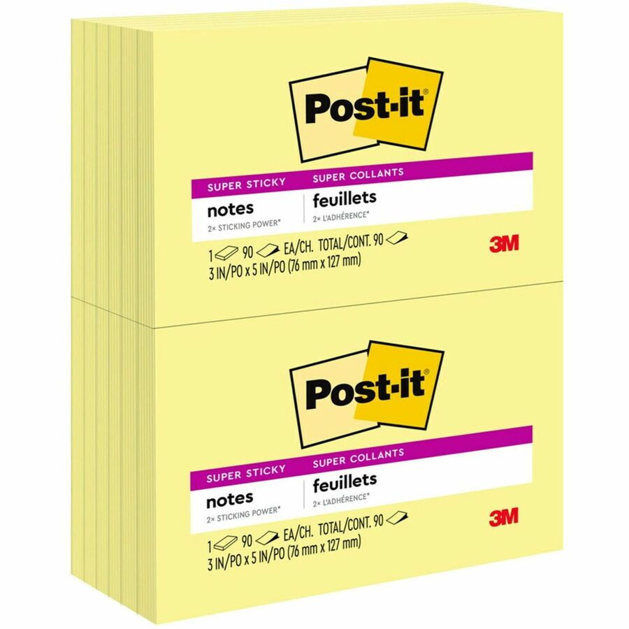 Post-it&reg, Super Sticky Notes - 1080 - 3" Flag/Note Width x 5" Flag/Note Length - Rectangle - 90 Sheets per Pad - Unruled - Yellow - Paper - Self-adhesive - 12 / Pack